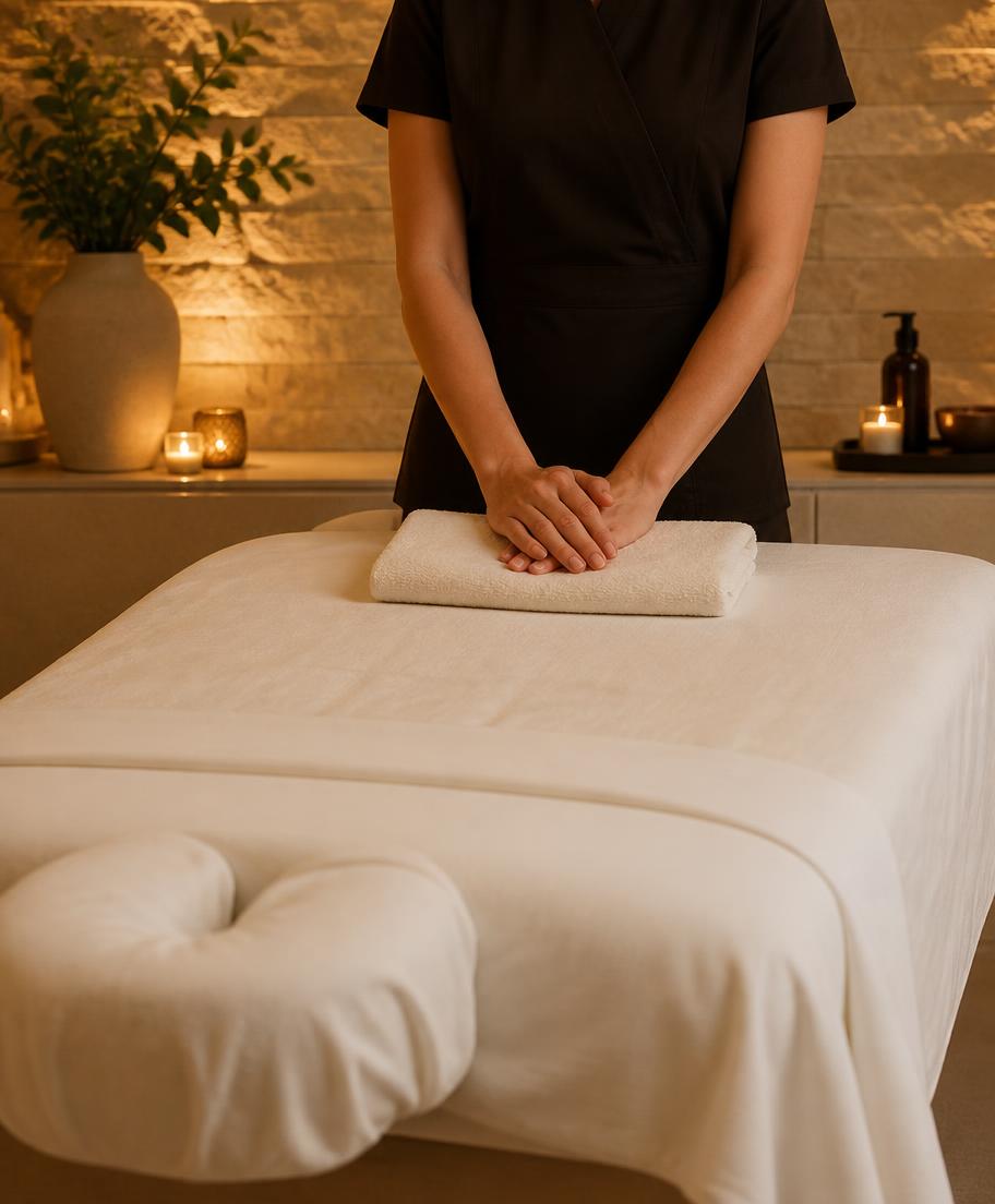Table de massage habillée de lin blanc dans une cabine chaleureuse